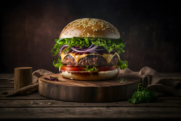 hamburger on black background, front view tasty meat burger with cheese and salad on a dark background