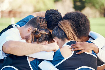 Cheerleaders, sports teamwork or people in huddle with support, hope or faith on field in game...