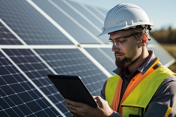 Electricians mounting blue solar module on roof of modern house. Alternative energy 