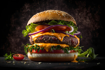 front view tasty meat burger with cheese and salad on a dark background