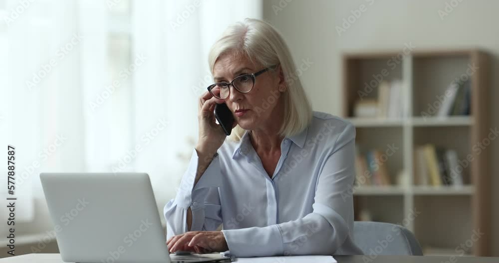 Canvas Prints Mature businesslady talking on cellphone seated at workplace desk, share helpful information, solve business, lead formal conversation to client working at homeoffice. Modern wireless tech, phonecall