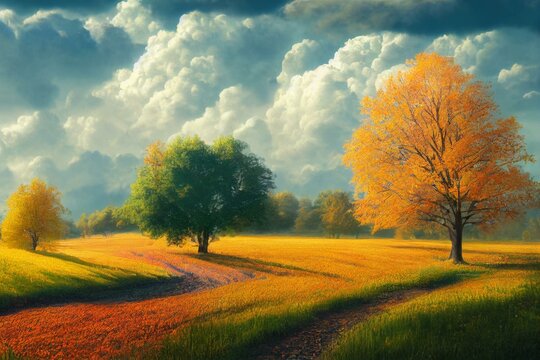 Rural valley early autumn fall - serene and tranquil countryside landscape. Giant maple tree and plowed farming crops with cumulus rain clouds. Digital pastel illustration. Generative AI