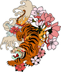 colorful traditional tattoo style Tiger face with cherry blossom and hibiscus flower on could and red rising sun background.Chinese Tiger roaring tattoo.Traditional Japanese culture for printing