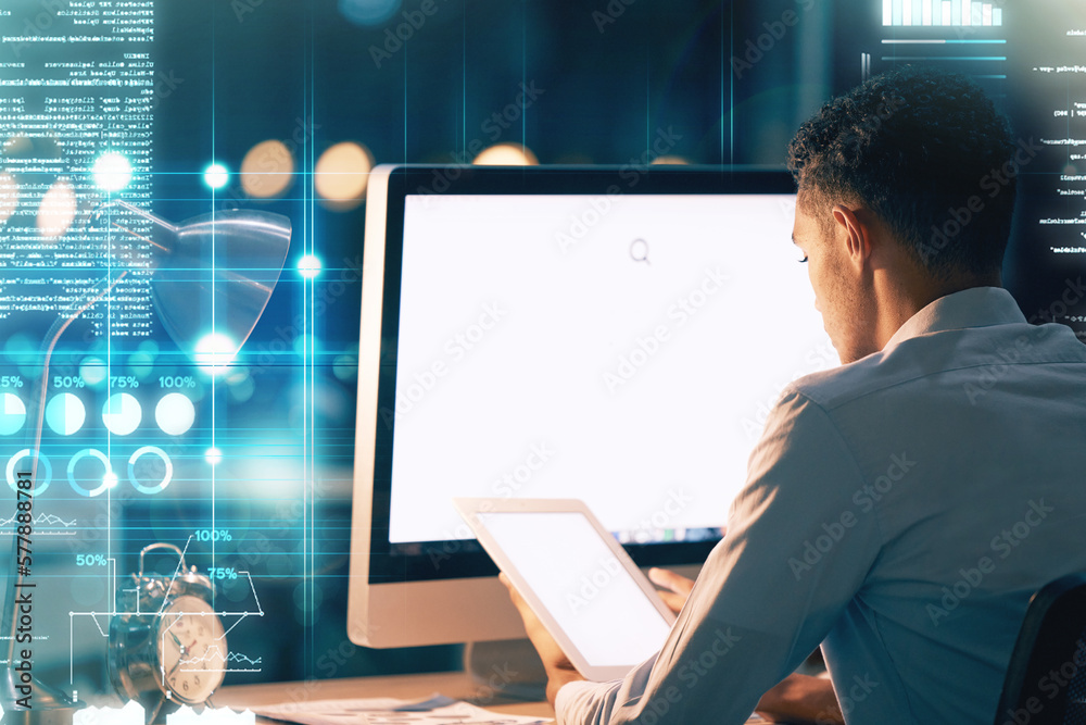 Fototapete Business, man and futuristic with mockup, hologram and programming for data analytics, coding or cyber security. Male employee, programmer or coder in office, computer or tablet with holographic code