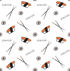 Seamless pattern with elements of Japanese cuisine, sushi, chopsticks, rolls.