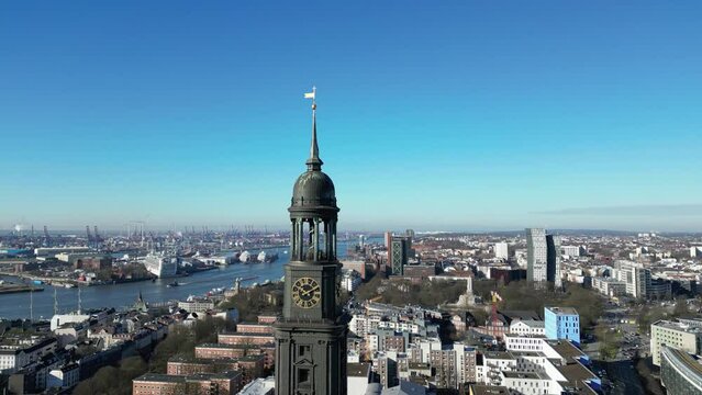 Scenic flight around St. Michaels Church tower (Michel) and Hamburg skyline, Elbe and port panorama, Germany