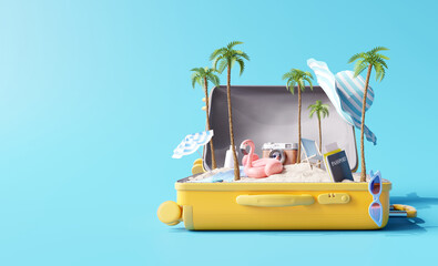 Creative summer beach composition in suitcase on blue background. travel concept idea. 3d rendering - obrazy, fototapety, plakaty