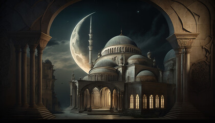 Fototapeta premium Ramadan's celebration background with Mosque and crescent moon at night, generative ai