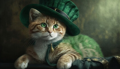  St. Patrick's Day celebration background. Leprechaun cat in green hat Generative ai