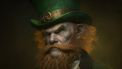 Fototapeta St. Patrick's day celebration background. Leprechaun man in green hat Generative ai obraz