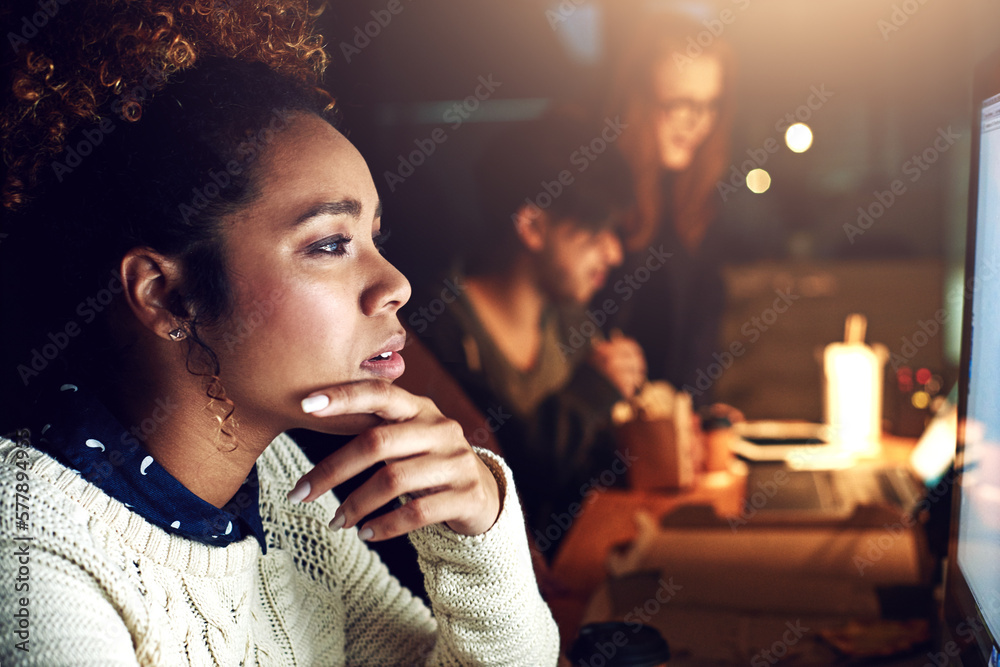 Aufkleber web designer, black woman is thinking and reading with computer screen, night shift and focus with d