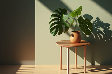 Wooden table with beautiful sunlit green tropical plant leaves and shadows on beige wall. Created with Generative AI Technology