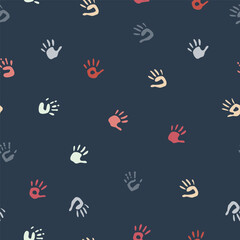 Vector flat hand drawn seamless pattern with hand print, palm stamp, fingers silhouette