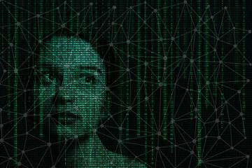 Female face with matrix digital numbers artifical intelligence AI theme with human face. Virtual reality touchscreen digital screen. dark background with computer binary code and hidden face watching