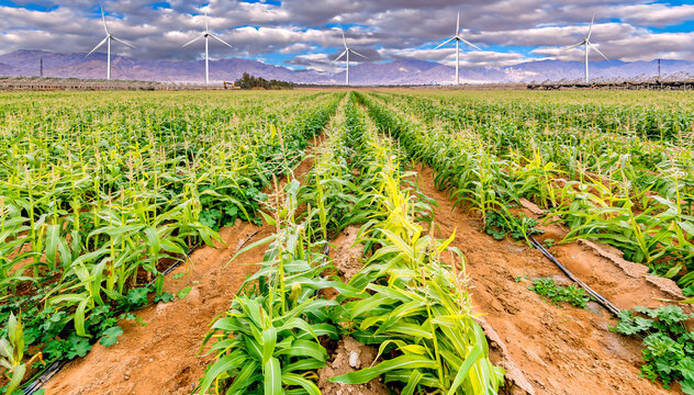 Panorama. Field with young plants of corn and wind turbines on horizon.  Image depicts green energy generation and GMO free agriculture industry in arid and desert areas of the Middle East