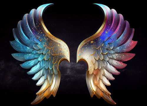 Pair Colorful Wings Black Background God Wealth Streaming Star Born Amicable Saints Halo Ascendent Plane Awe Inspiring Text Clean, Generative Ai