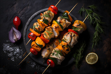 barbecue grill with vegetables, chicken skewers with slices of sweet peppers and dill, grilled chicken with vegetables, Chicken skewers with slices of sweet peppers and dill, generative AI	