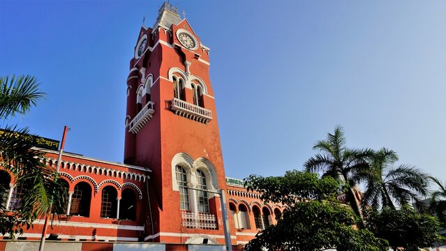 Amazing historic architecture view of Puratchi Thalaivar Dr MGR Central railway station of Chennai City. - Powered by Adobe