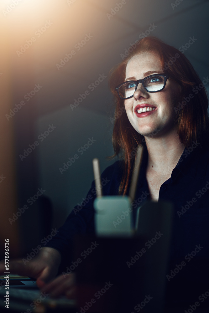 Poster business woman, smile and computer at night typing email in communication at work for project deadli