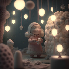  Wool fabric, characters and their transformation, animation, animation world character world. soft pastel colors