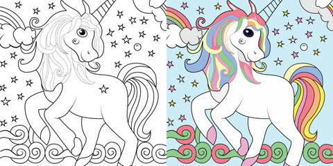 Unicorn vector coloring pages with black, white and colorful.
