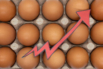 Brown eggs in an egg carton, overhead view. with red arrow concept price increase, inflation