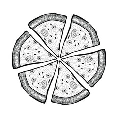 Vintage Pizza coloring pages and vector illustration with black and white. 