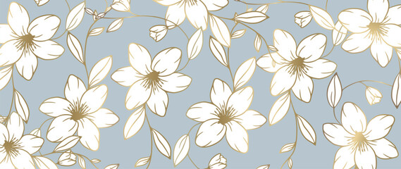 Vector luxury illustration with golden flowers, branches and leaves on a pale blue background for backgrounds, covers, decor, wallpapers