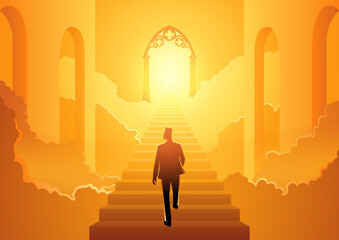 Vector illustration of a man climbing the stairs to heavens gate