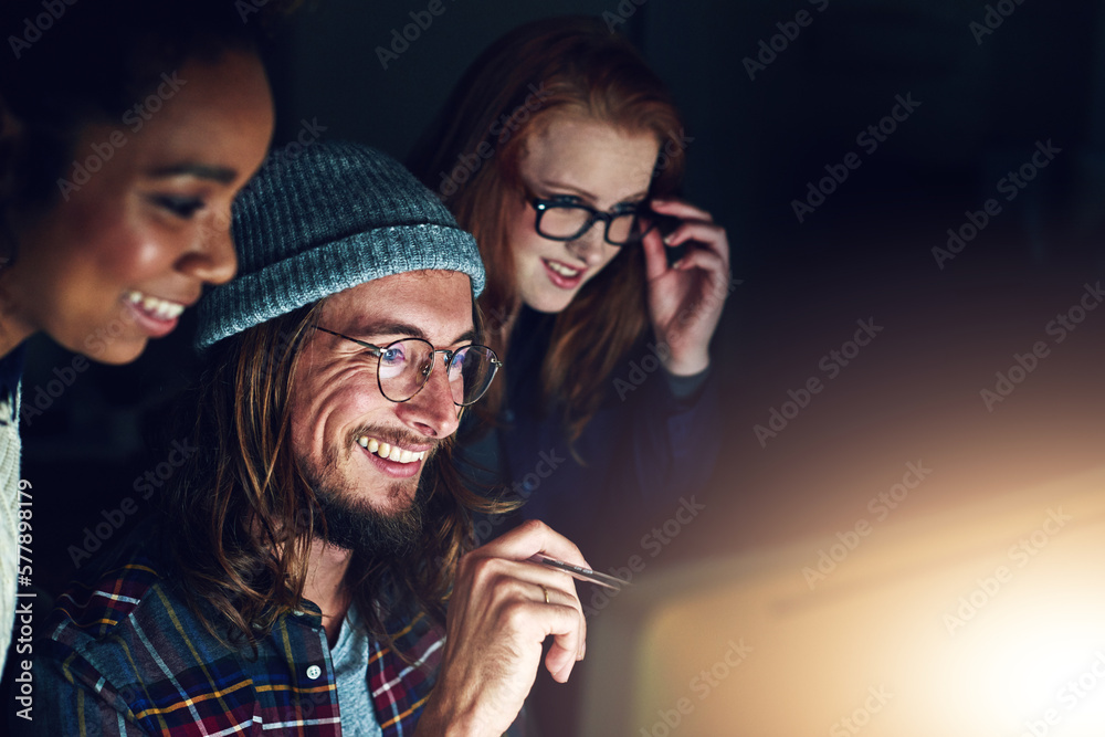 Poster Startup, office computer or team reading web design code, cloud computing software or app UI system. Website SEO, media analytics dashboard or face of people teamwork on UX interface with night flare