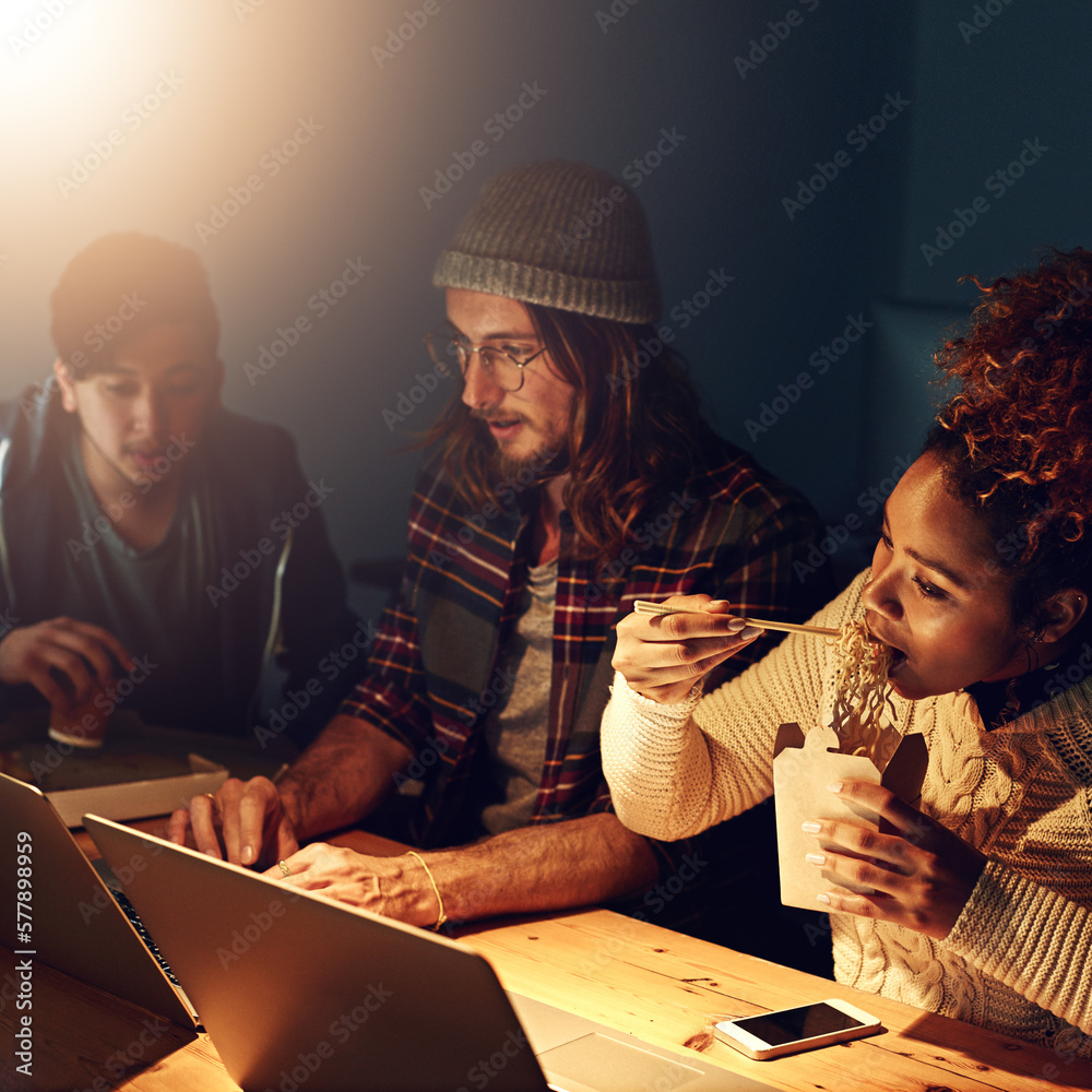 Poster office, food and night with laptop collaboration on web search for college research, learning digita