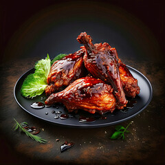 Roast chicken, chicken wings, BBQ. Professional food photo. Background or poster. Generative AI.