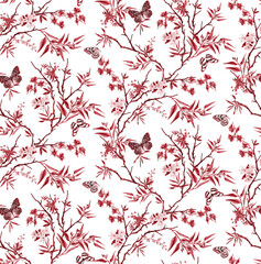 Seamless botanical flowers, butterfly pattern, floral print.