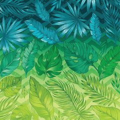Tropic palm leaf pattern. Tropical nature hand drawn sketch illustration. Exotic rainforest summer, spring background with navy green jungle leaves. Trendy dark blue gradient zig zag print.