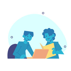 2 business people discussing in front of laptop and reading documents.