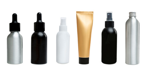 Bottles and tubes with cosmetics without labels in gold, white, black and silver. Set, collage....