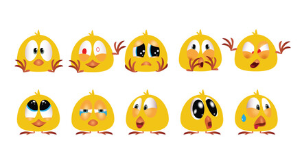 A cartoon bird with different emotions on the face. 10 Chick Emoticon Stickers