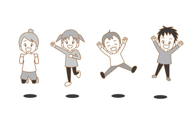 元気にジャンプするこどもたち　複数　モノクロ　漫画風