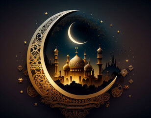 Ramadan kareem and Ramadane mubarak. Shiny Exquisite Crescent Moon With Carved Mosque . Generative Ai