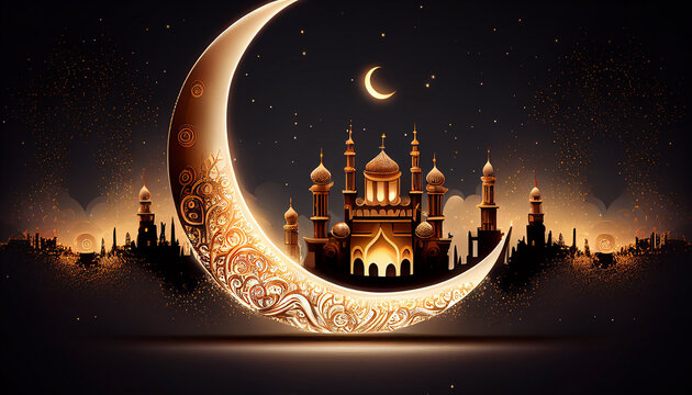 Ramadan kareem and Ramadane mubarak. Shiny Exquisite Crescent Moon With Carved Mosque. Generative Ai