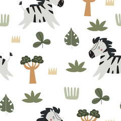 Seamless pattern with cute running zebras and African nature elements. Vector illustration in warm colors for textile and nursery decoration