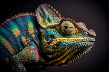 Obraz premium Close up of a chameleon with a black background. Generative AI, Generative, AI