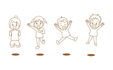 元気にジャンプするこどもたち　複数　モノクロ
