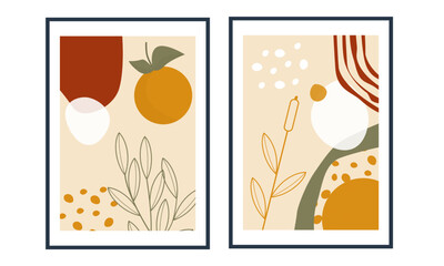 Set of two hand drawn leafs and orange fruits wall art. Boho aesthetic wall decoration for kids. Nordic wall print, poster, background, wallpaper, and home decor.