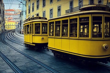 Plakat The famous, old, yellow trams travelling around the streets of Lisbon, Portugal. Generative AI