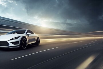 Fototapeta na wymiar A white car rushing along a high-speed highway in the sun. Generative AI