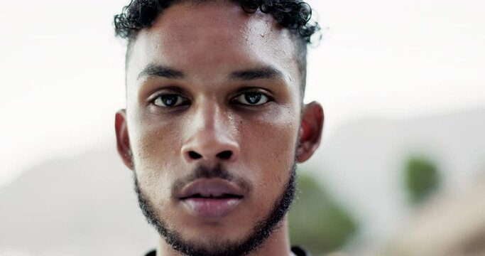 Man, face or sweating in fitness break, workout or exercise in running marathon, training routine or speed challenge in Indian nature. Zoom, portrait or tired sports runner in hands wipe or park rest