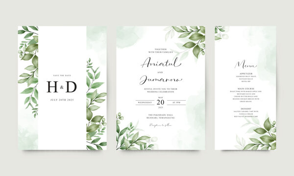 Beautiful wedding invitation set with green leaves - Powered by Adobe