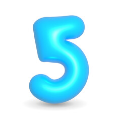 Number Five 5. Sky Blue Balloon 3d rendered. Realistic design element for events. Happy Birthday, Anniversary Party and events. 3d Render illustration isolated on white background with alpha channel.