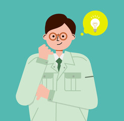 アイディアがひらめいた作業服の男性のイラスト